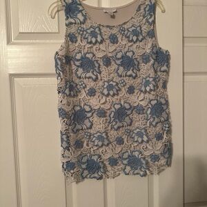 Charter Club Cream Blouse with Blue Floral Appliqué